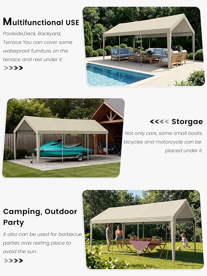 10 x 20 Ft Carport Replacement Cover, Heavy Duty Outdoor Car Tarp Canopy, Waterproof & UV Protected Tear Oxford Tarp with Ball Bungees (Frame is Not Included)