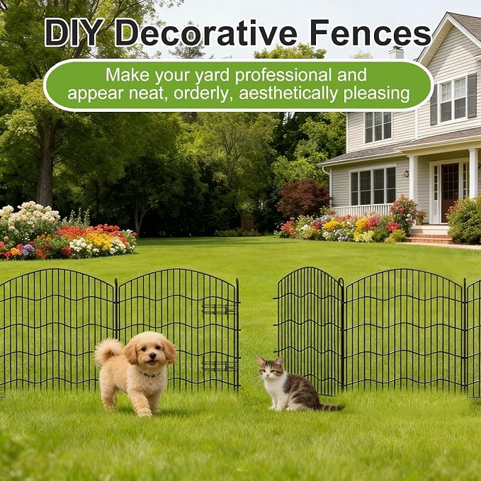 10-Panel No Dig Garden Fence, 31in(H) x24ft(L) Black Metal Animal Barrier, Dog Fence Outdoor for Yard, Temporary Decorative Fencing Border for Rabbits, Patio