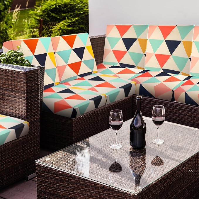 Newwiee 12 Pcs Patio Cushion Covers Outdoor Stretch Sofa Couch Cover Replacement Couch Slipcover Sofa Seat Chair Porch Patio Furniture Protector, Flexibility Washable(Multicolor,Geometric)