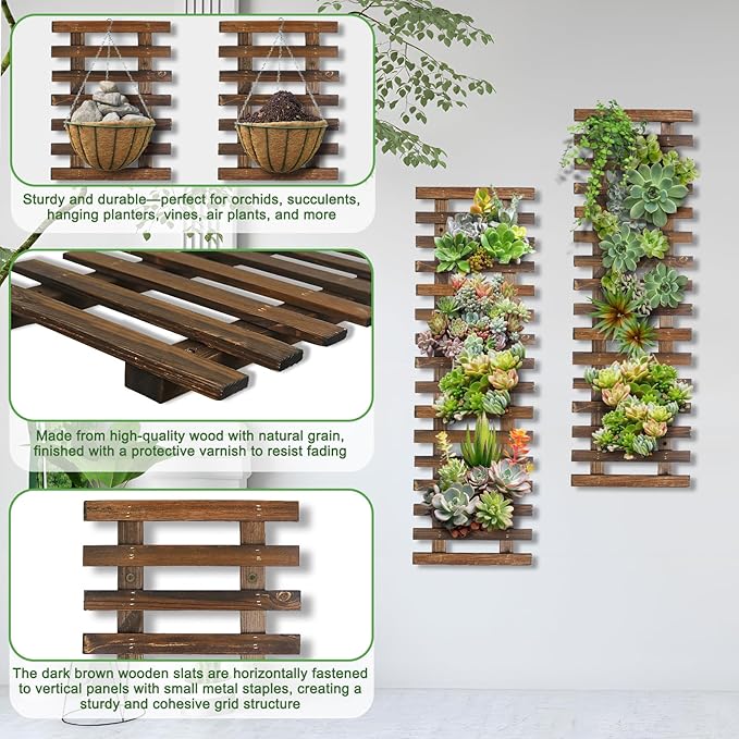Mulctun 2 Pcs Wall Planters - 11.4"W x 35.43"H Wooden Wall Planters for Indoor Outdoor Plants,Hanging Wood Wall Trellis,Wall Mounted Plant Holder for Orchids,Succulent,Air Plants,Hanging Pots Display