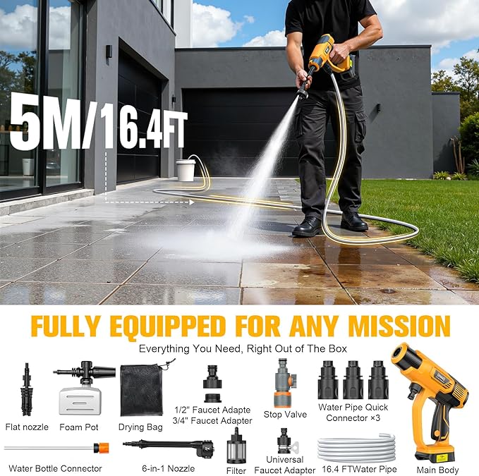Cleaning Tool Compatible with DeWalt 20V Battery, 2.2LBS, with 16.4ft Hose & 6-in-1 Nozzle + Attachment for Car, Patio, Fence (Battery not Included, Tool Only)