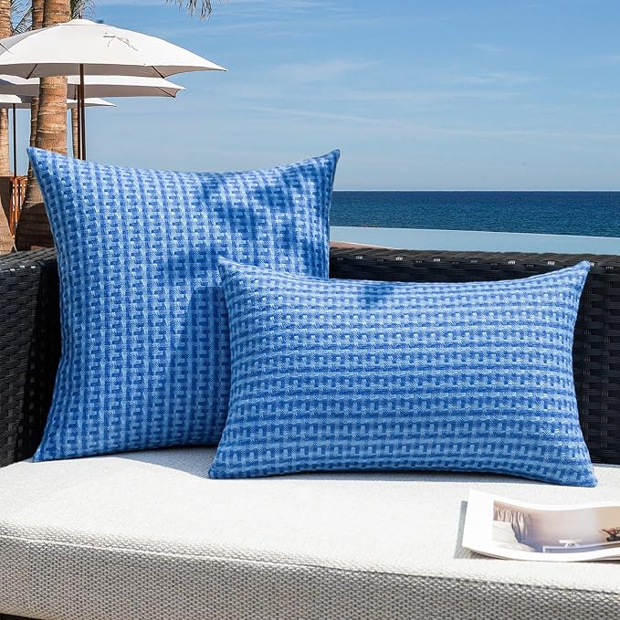Kevin Textile Outdoor Waterproof Throw Pillow Covers Pack of 2 Farmhouse Decorative Cushion Covers for Garden Patio Tent Balcony Bench Couch Sofa 24x24 Inch, Blue
