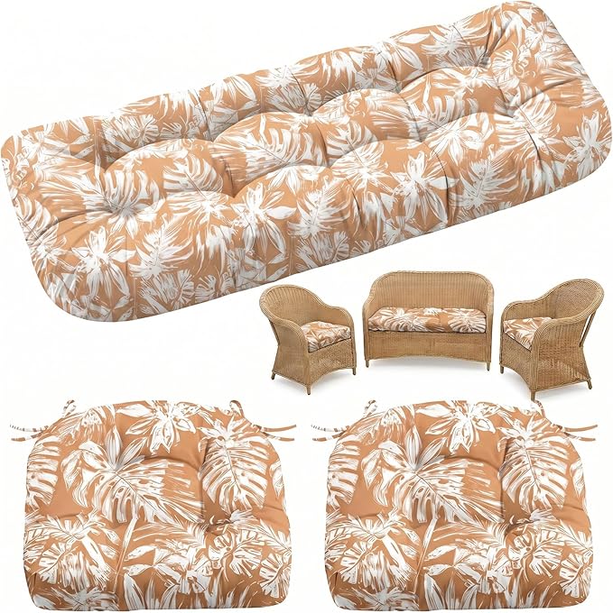 1 MIDDLE ONE Wicker Chair Cushions 3 Pieces Set for Outdoor Furniture, Replacement Patio Wicker Furniture Cushions, 1Pc Loveseat Cushion & 2Pcs Chair Cushions (Tan Monstera)