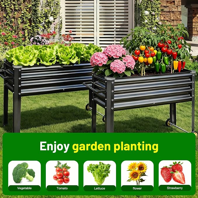 Land Guard 2 Pack Galvanized Raised Garden Bed with Legs & Wheels, 36×12×32in Metal Elevated Raised Planter Box for Backyard, Patio, Balcony, 300lb Capacity, Dark Grey