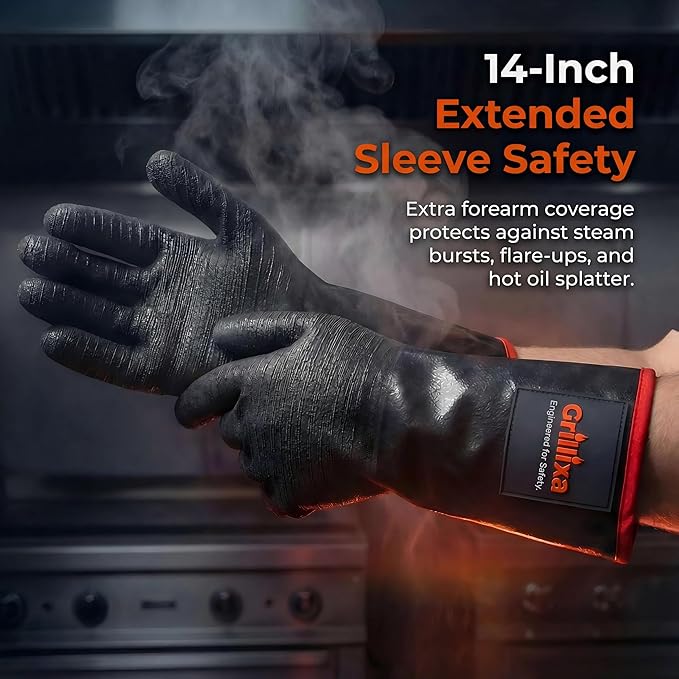 932°F Light Heat Resistant BBQ Gloves, 14-Inch Waterproof Neoprene Grill Gloves, Oil & Slip Resistant with Cotton Lining, for Oven, Smoker, Fire Pit, Rotisserie and BBQ Cooking