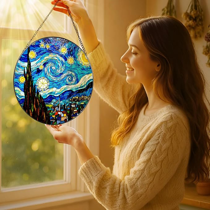 8'' Van Gogh Starry Night Sun Catcher Ornament, Stained Glass Window Hanging, Sun Catchers for Windows Hanging Ornaments, Window Decor, Ideal Gift | Gifts for Art Lovers, Friends, Family