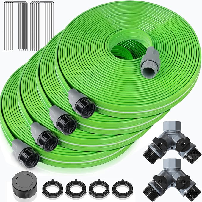 LAVEVE Heavy Duty Sprinkler Soaker Hose 100 FT, Flat Garden Hose with Holes, Efficient Flexible Irrigation Hose for Yard, Lawn and Garden, Includes Stakes (25FT x 4Pack)