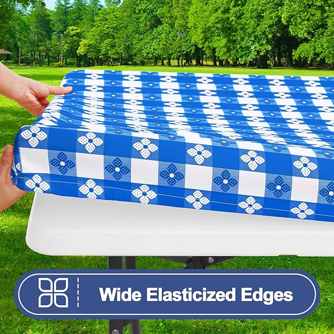 Smiry Picnic Table Cover with Bench Covers, Waterproof Elastic Fitted Tablecloth for 8 Foot Tables, Washable Polyester Tablecloths for Camping, Indoor & Outdoor (Blue & White, 30x96 Inch 3-pc Set)