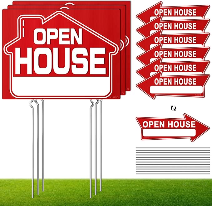 Open House Signs for Real Estate (9 Pcs), 6 Pcs Directional Arrows Signs, 3 Pcs Open House Sign, Double Sided Large Yard Sign with Stakes, Real Estate Agents Supplies, Flag - compatible, Red