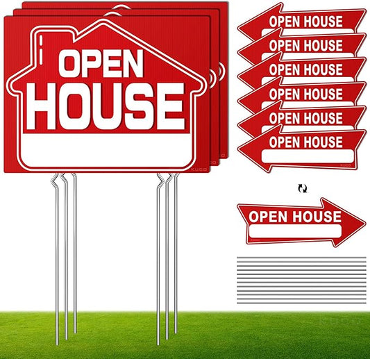 Open House Signs for Real Estate (9 Pcs), 6 Pcs Directional Arrows Signs, 3 Pcs Open House Sign, Double Sided Large Yard Sign with Stakes, Real Estate Agents Supplies, Flag - compatible, Red