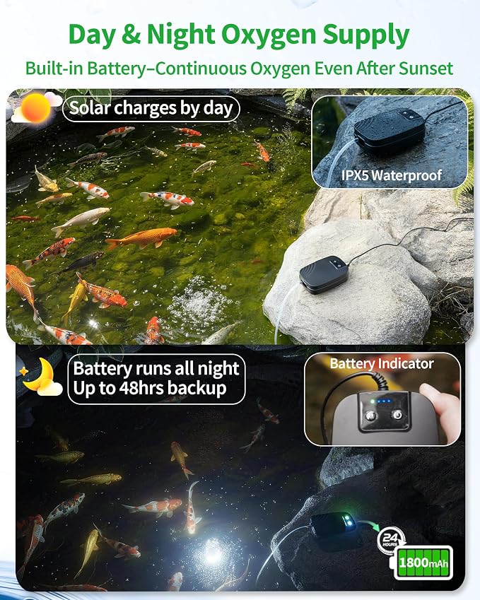 POPOSOAP 2W Solar Pond Aerator, Solar Air Pump for Pond with 1500 mAh Battery Backup, 3 Modes & Separated Solar Panel for Small Outdoor Pond Fish Tank Hydroponics P9215