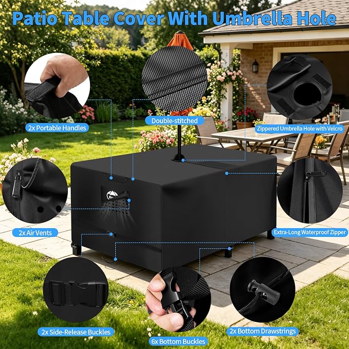 Rectangular Patio Table Cover with Umbrella Hole,Outdoor Lawn Patio Furniture Covers Heavy Duty 300D Oxford Fabric,Waterproof,Ripstop,UV Protection(88" L x 58" W x 23.6" H)