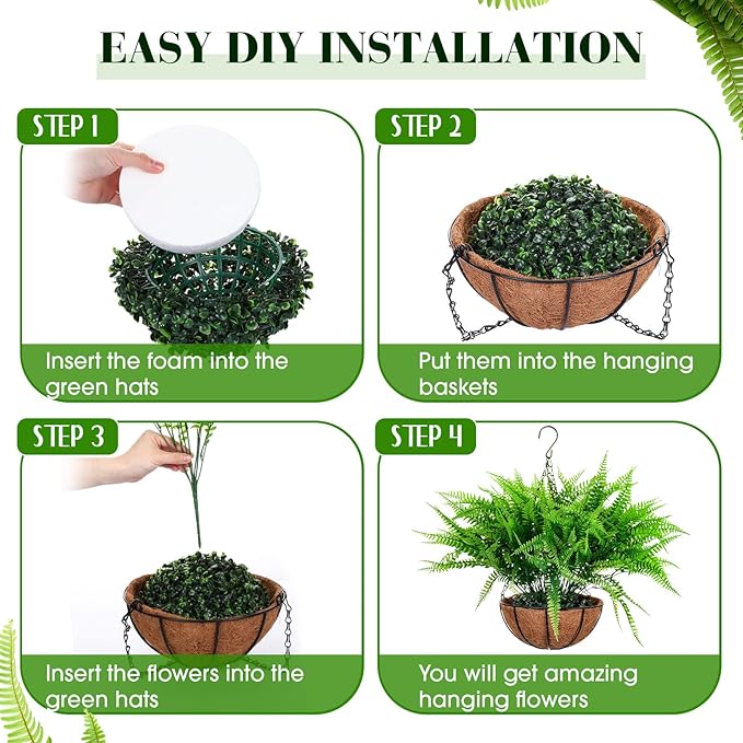 Giegxin 4 Pack Artificial Flowers Outdoor Small Fake Fern Plants 4 Hanging Basket Planters with 30 Pcs Fern Faux UV Resistant Plastic Plants for Front Porch Living Room Garden Decor