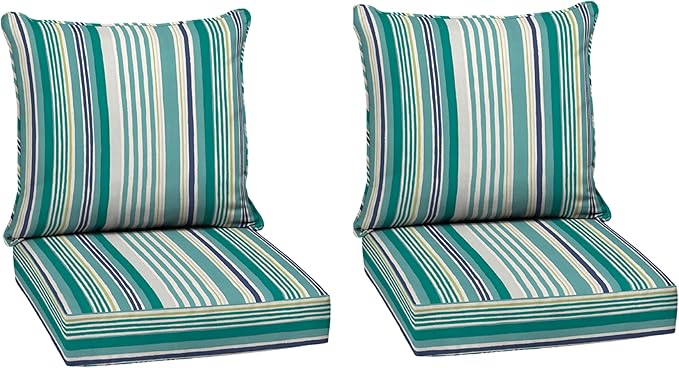 Arden Outdoor Deep Seat Cushion Set (2-Pack), 24 in x 24 in, Weather-Proof, Rain-Proof, Fade Resistant Patio Cushion for Chair, Sofa, and Couch Teal Cobalt Stripe