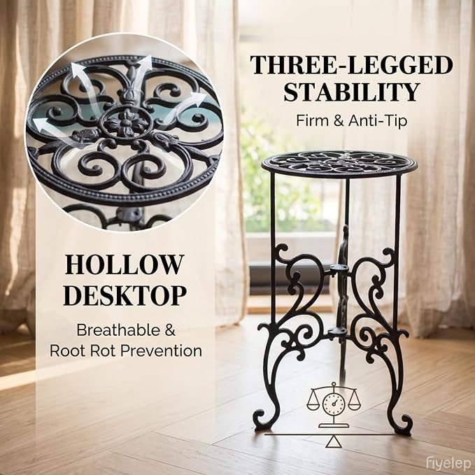 Vintage Scrollwork Cast Iron Plant Stand, Black, 22.6 x 9.3 x 22 Inch, Heavy-Duty Oval Top, Indoor Outdoor Use (19.3" Tall Circular Pattern)
