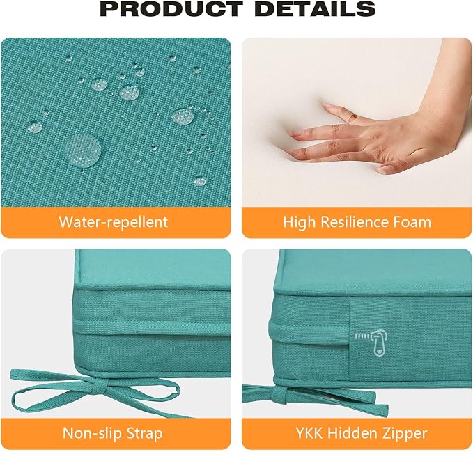 Unimatta Square Corner Seat Cushions, 19" x 19" x 3", Set of 4, Indoor Outdoor Water Repellent Universal Chair Pads with Ties for Patio Furniture, Garden Deck Dining Chairs, Turquoise