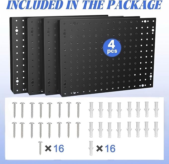 Heavy Duty Steel 4 Panel Metal Peg Board, Wall Pegs for Garage Organization, Garden Tools Storage (Black,32" X 24")