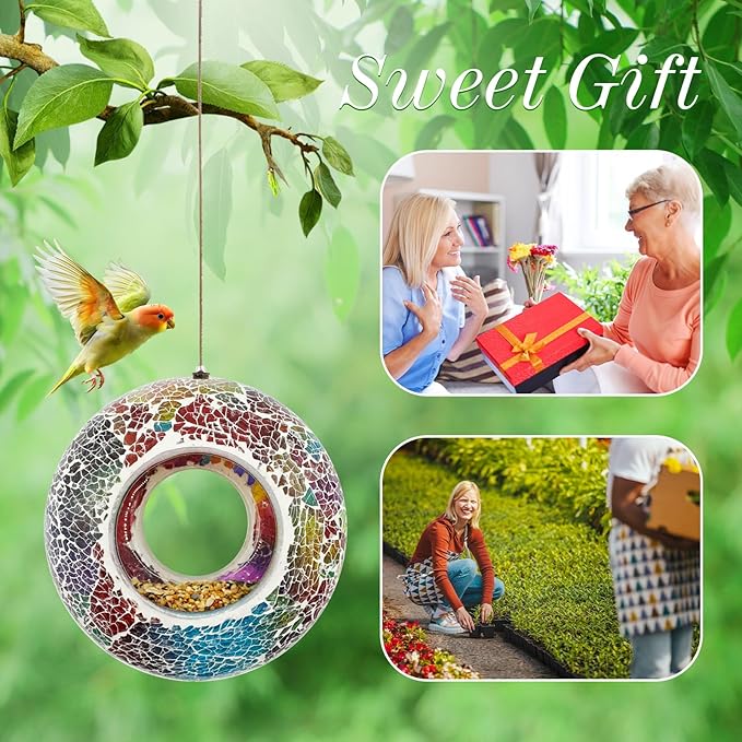 Hanging Bird Feeders for Outdoor Glass Mosaic Fly Through Wild Bird Feeder Round Shape Birdfeeder for Outside Garden Yard Patio Decoration Multicolor