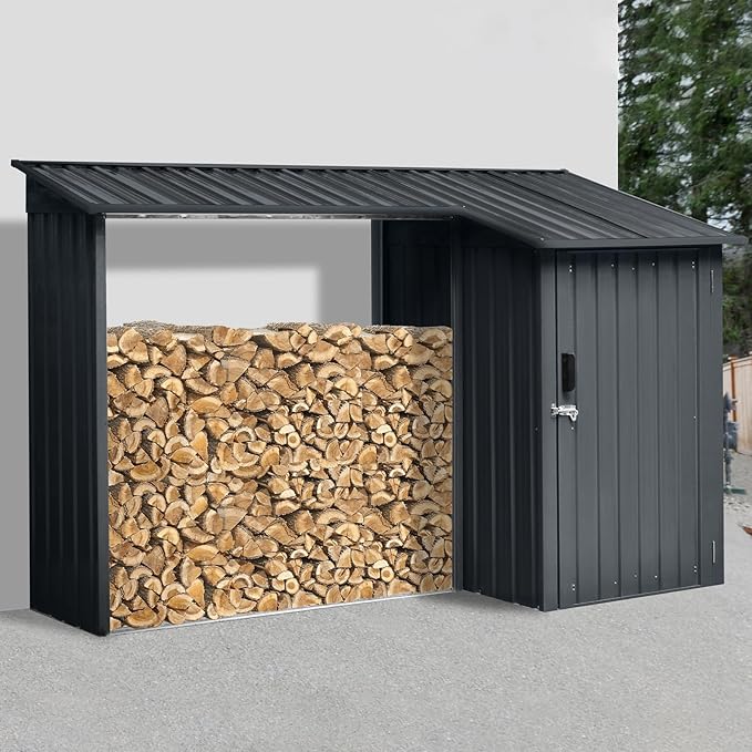 Ball & Cast 106.5" Outdoor Steel Firewood Rack Metal Storage Shed with Door and Reinforced Base,Multi-Functional 2 in 1 Waterproof Cabinet W/Roof,for Equipment Machines,Black