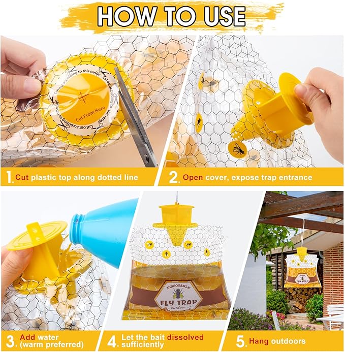 6 Pack Big Fly Traps Outdoor Hanging for Patio, Flies Bags Outdoor Disposable with 50g Bait, Bug Fly Hunter Catcher Killer Control for Barn Horse Ranch Chicken Coop