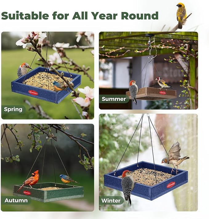 Kingsyard Platform Bird Feeder for Outdoors, Hanging Tray, 2 Pack | Recycled Poly Lumber, Weatherproof, 11x11 Tray, Holds up to 3 lbs Seeds or Mealworms, Easy Clean & Refill, Blue
