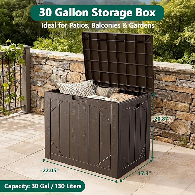 Outdoor Storage Box,30 Gallon Deck Box Outdoor Storage Bench Outside Waterproof Resin Storage Bench, Lockable Patio Cushions, Garden Tools Storage For Furniture, UV Resistant Brown