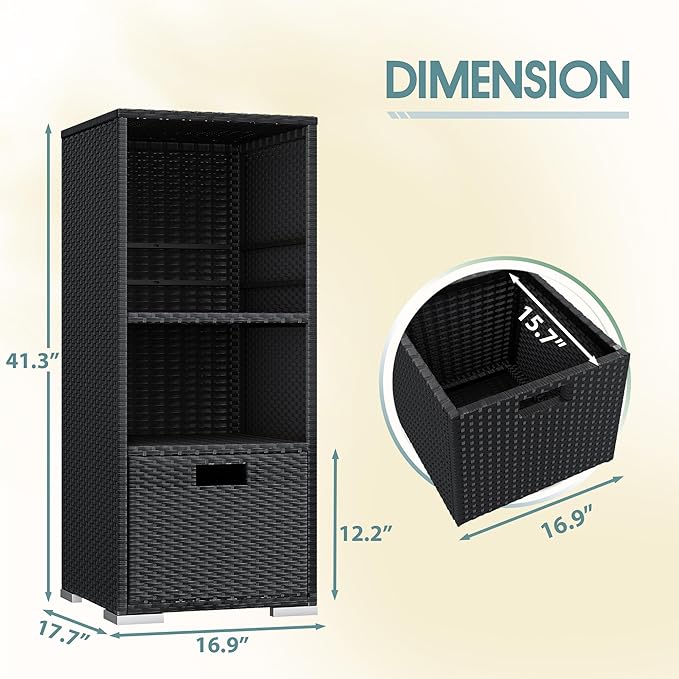 Devoko Outdoor Pool Towel Rack Patio Waterproof Rattan Wicker Storage Cabinet Shed with Shelves & Drawer (Black)