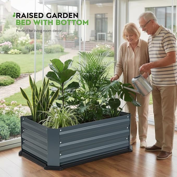 2 Pcs Galvanized Raised Garden Bed with Bottom, Indoor Metal Raised Garden Beds, Easy Assembly No leaks & Rust-Proof Flower Bed, Outdoor Planter Box for Vegetables, Herbs, Patio, Balcony, Grey
