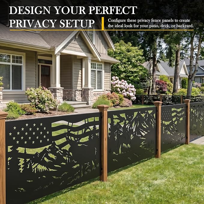 72" H Metal Outdoor Privacy Screen, Western Ranch American Flag Panel | Outdoor Privacy Panels for Balcony, Patio & Backyard, Freestanding Decorative Privacy Panel