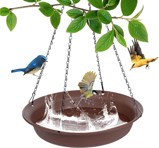 VUWEZ Hanging Bird Bath, Hanging Bird Water Feeder for Outdoors, Feeder Bowl, 1 Pack Birdbath Tray Accessories for Outside, Plastic Birdbaths Tray for Garden Patio Decoration (14", Chocolate)
