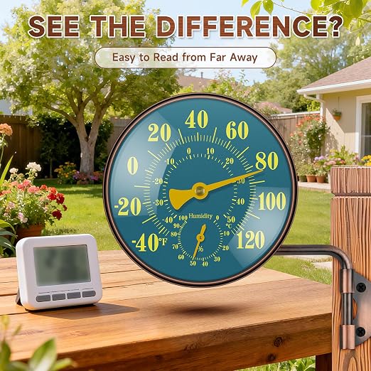4 Inch Outdoor Thermometer Hygrometer, Brass Retro Patio Thermometer, Waterproof Temperature Gauge with Easy-to-Read Dial, Convex Lens, Wall Mount for Home, Garden, Garage, Yard