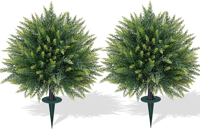 Artificial Cedar Topiary Trees with Ground Spike, 2 Pieces Fake Pine Shrubs Bushes, UV Resistant Faux Evergreen Cypress Tree Plants for Indoor Outdoor Planters Front Porch