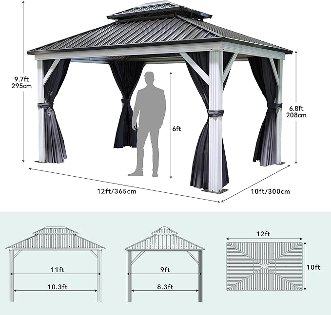 YITAHOME 10X12FT White Hardtop Metal Gazebo Patios Double Roof Canopy Aluminum Frame Garden Gazebo Tent Curtains Netting for Patios Backyards Decks Lawns