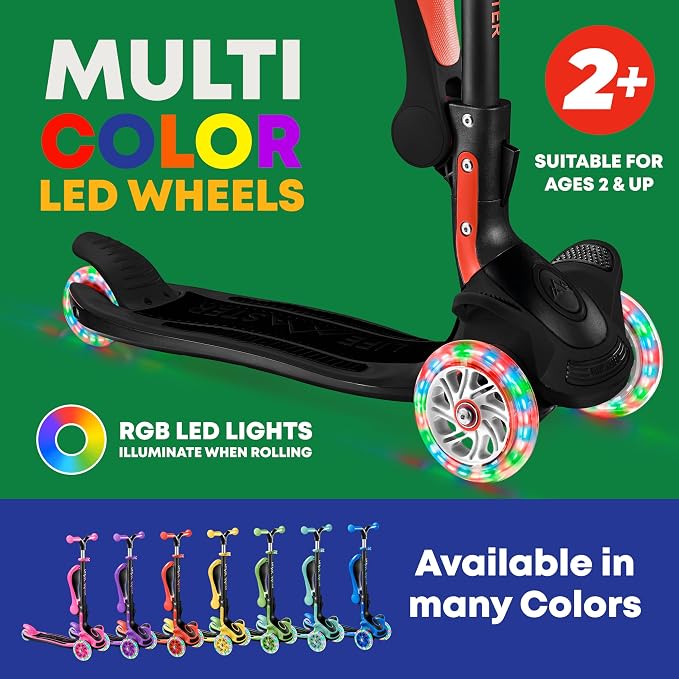 3 Wheel Scooter for Kids with Foldable Seat, Adjustable Handlebar Height, Lean-to-Steer Ride On Toy for Kids Ages 2+, Light-Up LED Wheels, Wide Anti Slip Deck, Indoor & Outdoor Use