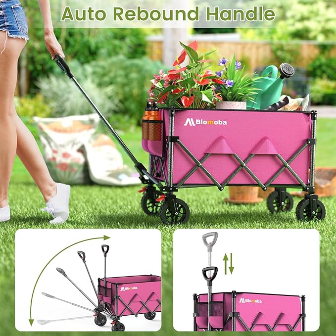 Blomoba Collapsible Wagon Cart, 150L Heavy Duty Foldable Beach Wagon with Wider Wheels & Auto-Rebound Handle, Utility Grocery Shopping Cart for Garden, Shopping, Camping, Sports, Pink