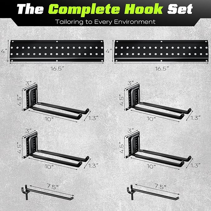 Garage Tool Organizer Wall Mount, 33 Inch Heavy Duty Garage Organization System with 6 Adjustable Hooks, Garden Tool Storage Rack for Garage, Yard & Shed, Holds Up to 250 lbs