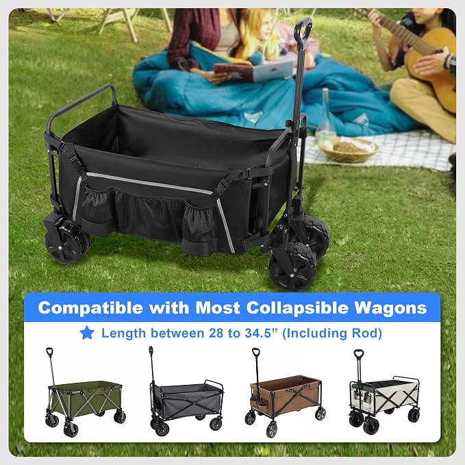 Collapsible Wagon Side Pocket with Reflective Strip, Folding Wagon Cart Storage Bag with Mesh Pouch for Umbrella, Foldable Accessories Bag for Outdoor, Camping, Black, Bag Only, Not Including Wagon