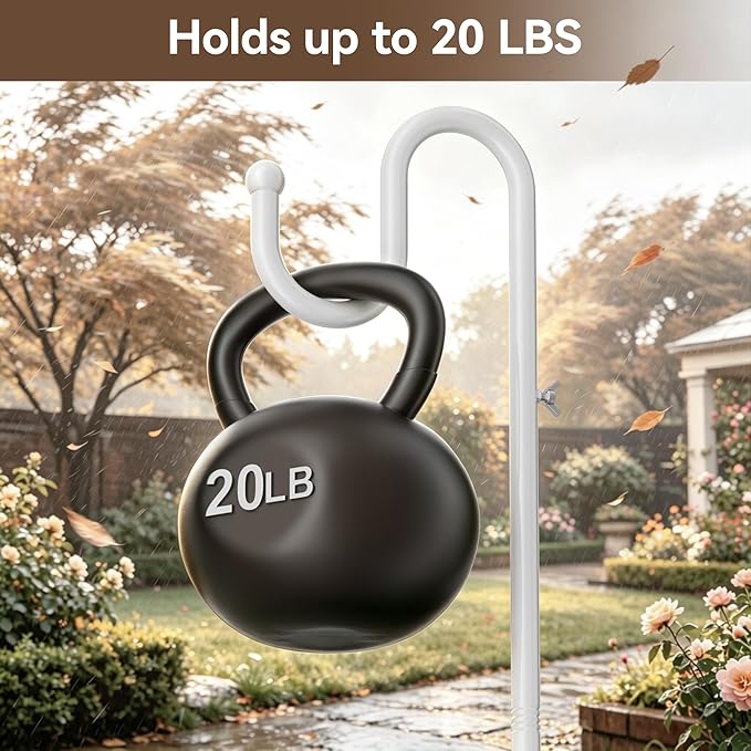 74" Shepherds Hook Stand, Adjustable Wind Chime Stand with Heavy Duty Base, Free Standing Plant Hanger Pole for Bird Feeders, Lanterns, Wreaths & Plants, Indoor Outdoor, Holds Up to 20 LBS, White