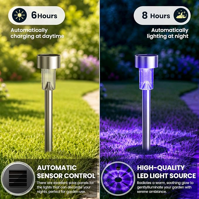 GIGALUMI Purple Solar Pathway Lights, 20-Pack Outdoor Halloween Decor | Waterproof LED stainless stakes for yard, garden & driveway. Purple glow sets spooky mood. Durable & easy install.