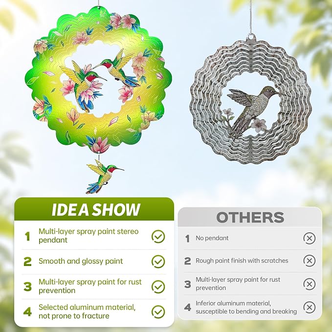 Hummingbird Wind Spinners Outdoor Decor, IDEA SHOW 12 in 3D Kinetic Stainless Steel Hanging Wind Spinner Sculpture with Pendant, Rustproof Metal Yard Art Garden Decorations, Unique Gifts for Women Mom
