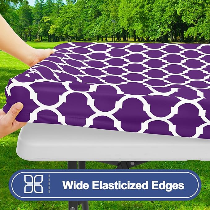 Smiry Picnic Table Cover with Bench Covers, Waterproof Elastic Fitted Tablecloth for 8 Foot Tables, Washable Polyester Tablecloths for Camping, Indoor & Outdoor (Purple, 30x96 Inch 3-pc Set)