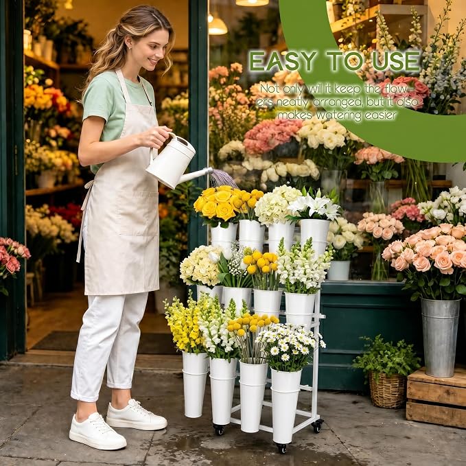 Flower Display Stand With 12 Buckets,3-Tier Flower Bar Stand with Wheels,Flower Cart Display Stand for Florist Garden Wedding Home Decor