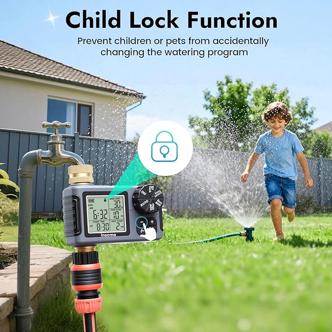 Water Timer for Garden Hose with 100% Brass Pipe, Programmable Sprinkler Controller for Garden Faucet with Auto/Manual/Rain Delay Mode, Irrigation Timers for Lawn, Yard, Outdoor Plants