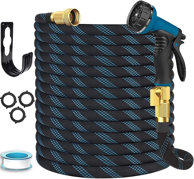 Garden Hose 100 ft, Non-Expandable Flexible Water Hose with 10 Function Spray Nozzle, Lightweight, Leak Proof, Kink-Free, Portable Hose for Outdoor, Yard, Lawn, High-Density Fabric, Black Blue