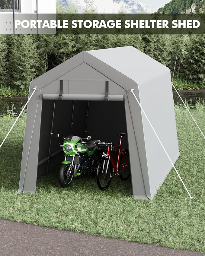 GarveeLife 7 x 12 ft Carport Storage Shed, Portable Garage with Roll-up Zipper Door, Heavy Duty Waterproof Tarp, Storage for Motorcycle, Bike, Firewood, Garden Tools