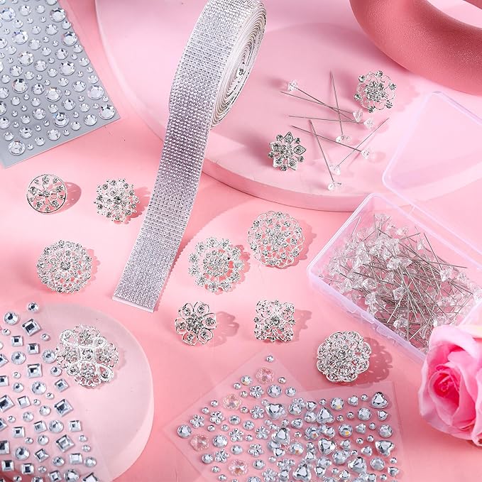 Quelay 141 Pcs Bouquet Pins Flower Brooch Wedding Bouquet Kit Self Adhesive Crystal Rhinestone Ribbon Bling Jewels Stickers for Wedding Birthday DIY Art Crafts Decoration Supplies