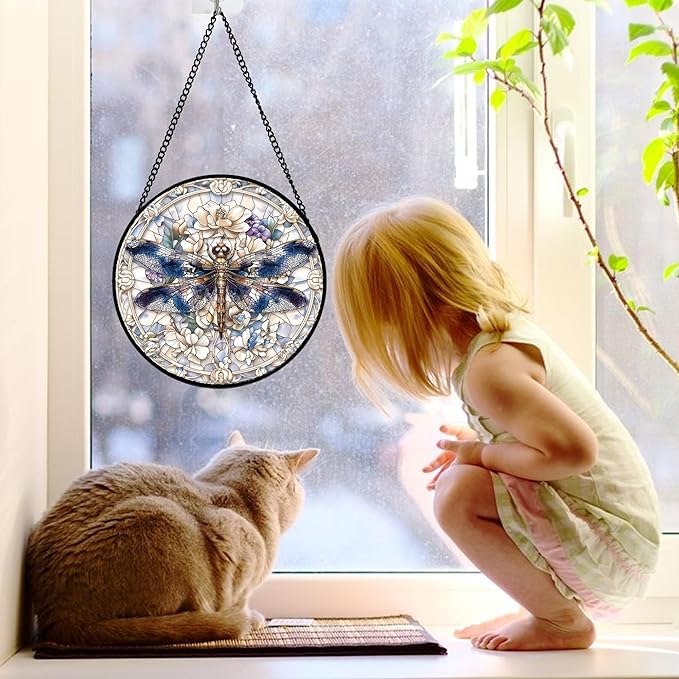 DASTOLL Stained Glass Window Hanging, Dragonfly Flower Suncatcher for Doors Home Sun Catchers Decoration and Christmas, Mother's Day Birthday Gifts for Women, Men, and Mom 6.3 in