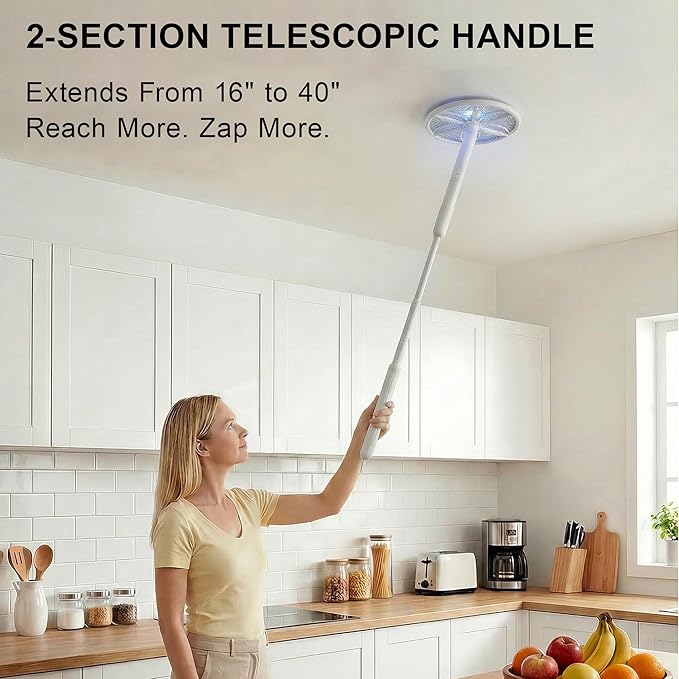 Rotating Head Electric Fly Swatter for Indoors with 16–40" Telescopic Handle, 4000V 2-in-1 UV USB Rechargeable Bug Zapper Indoor Outdoor, Fly Mosquito Zapper Killer Catcher Trap for Ceilings and Walls