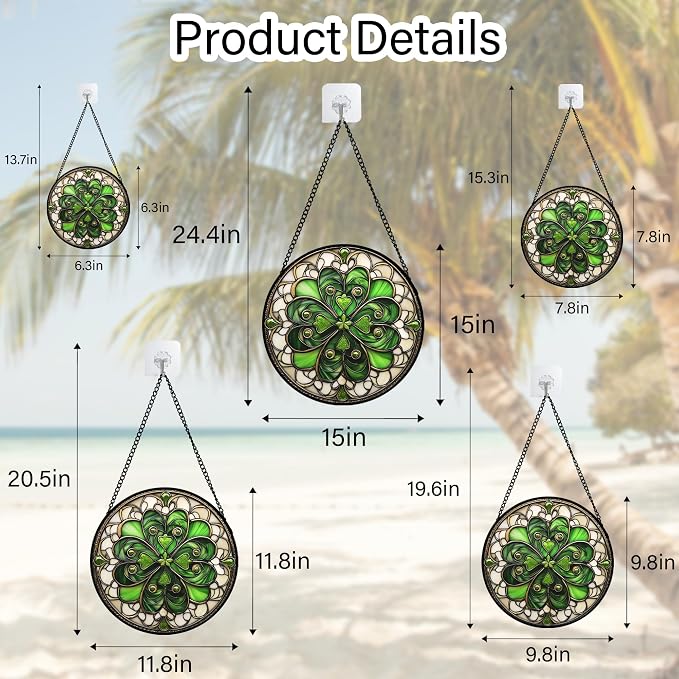 DASTOLL Stained Glass Window Hanging St. Ripak Festival Green Lucky Clover Large 15" - Suncatcher Door Garden Sun Catcher Ireland Decor Mother's Day for Mom Woman Her Men Sisters