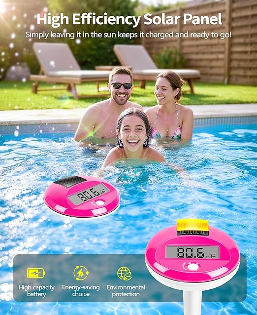 Sinbyuer 2026 Solar Digital Pool Thermometer with Rope | Easy Read Large LCD Display & Big Numbers Floating Pool Thermometer | High Precision & IP68 Waterproof Pools Temperature Gauge for Hot Tub-Pink